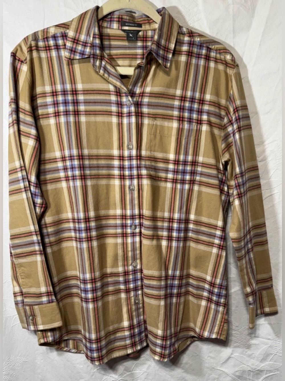 Eddie Bauer Women's Plaid Tan Flannel Shirt w/ orange and blue accent Small